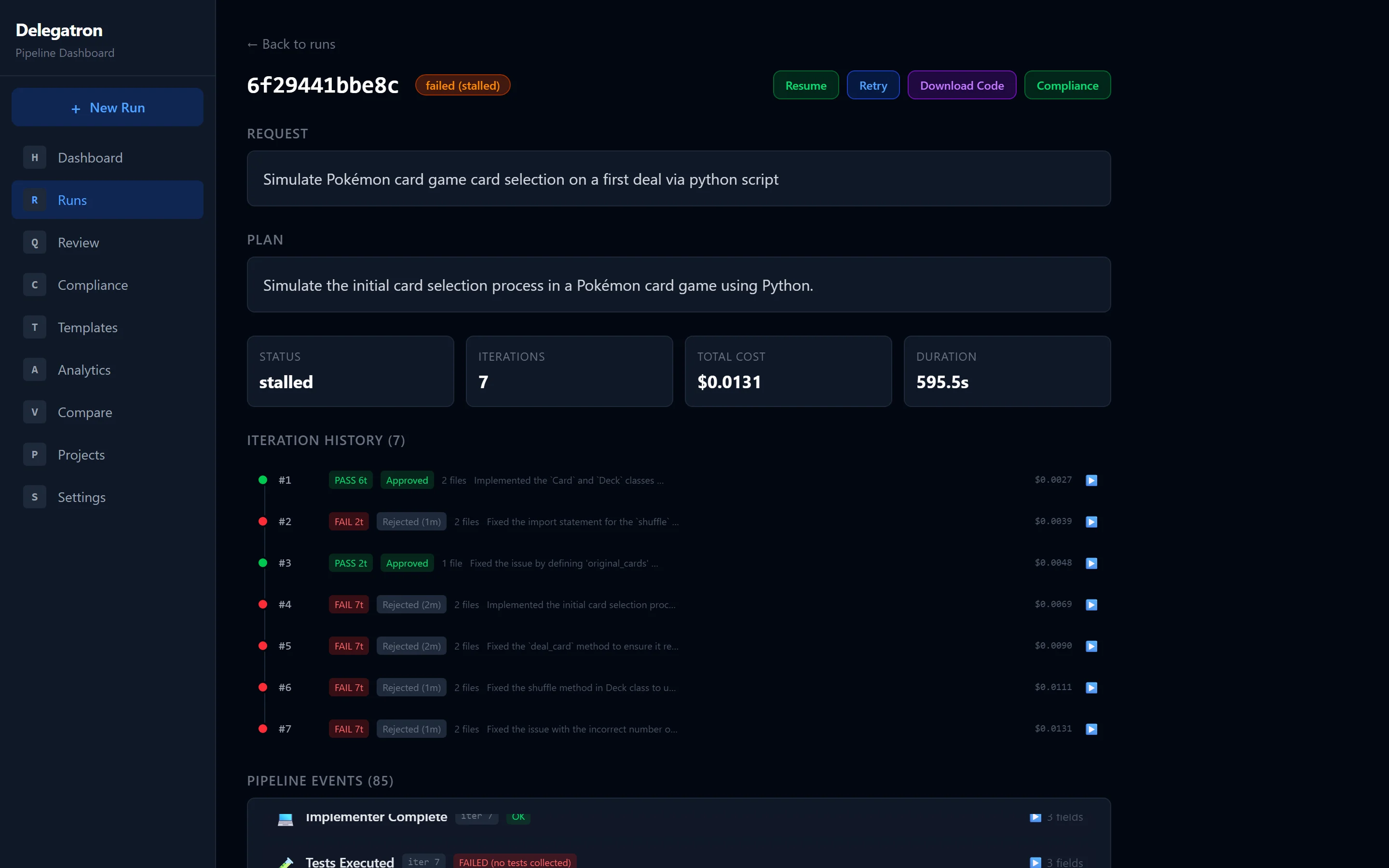 Run detail: seven iterations with test results, review verdicts and cost per iteration.