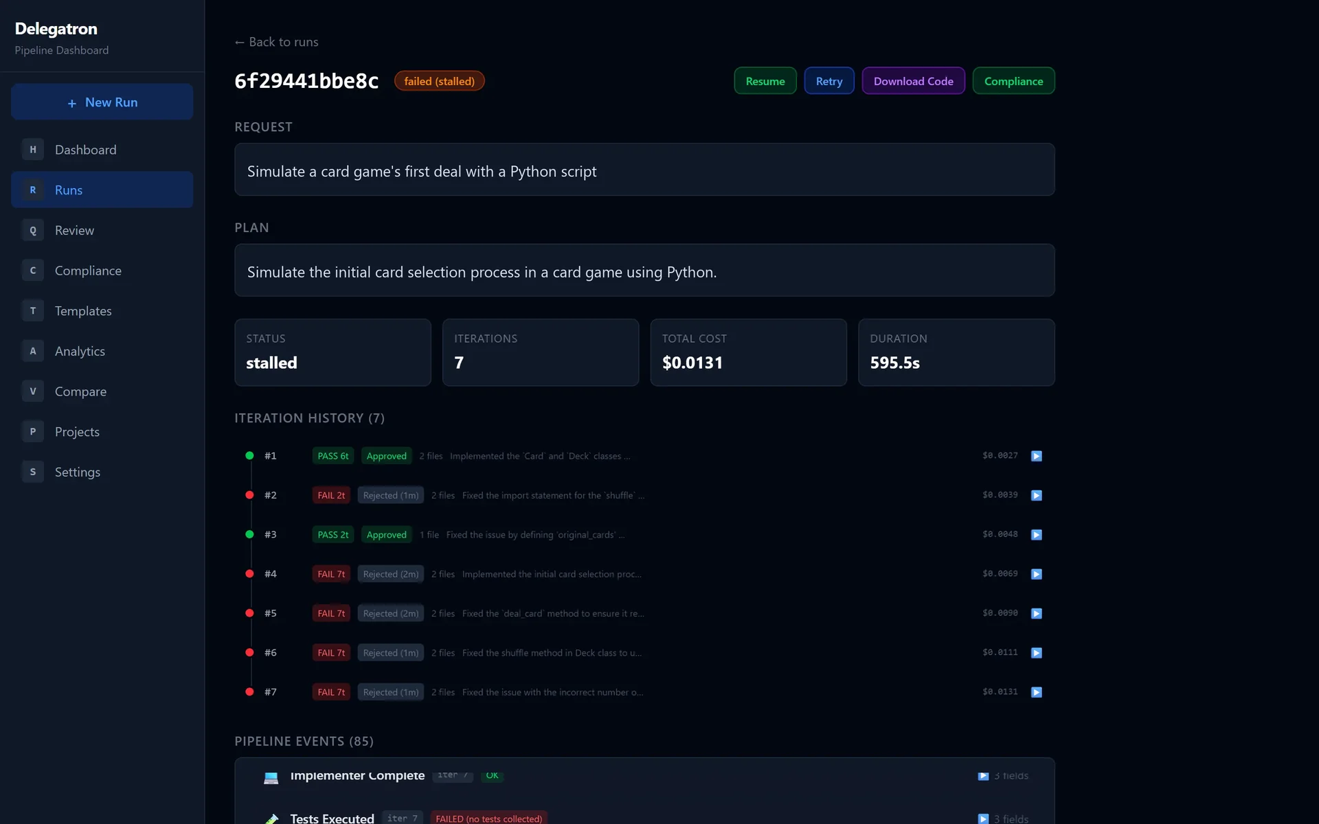 Run detail: seven iterations with their test results, review verdicts and cost
